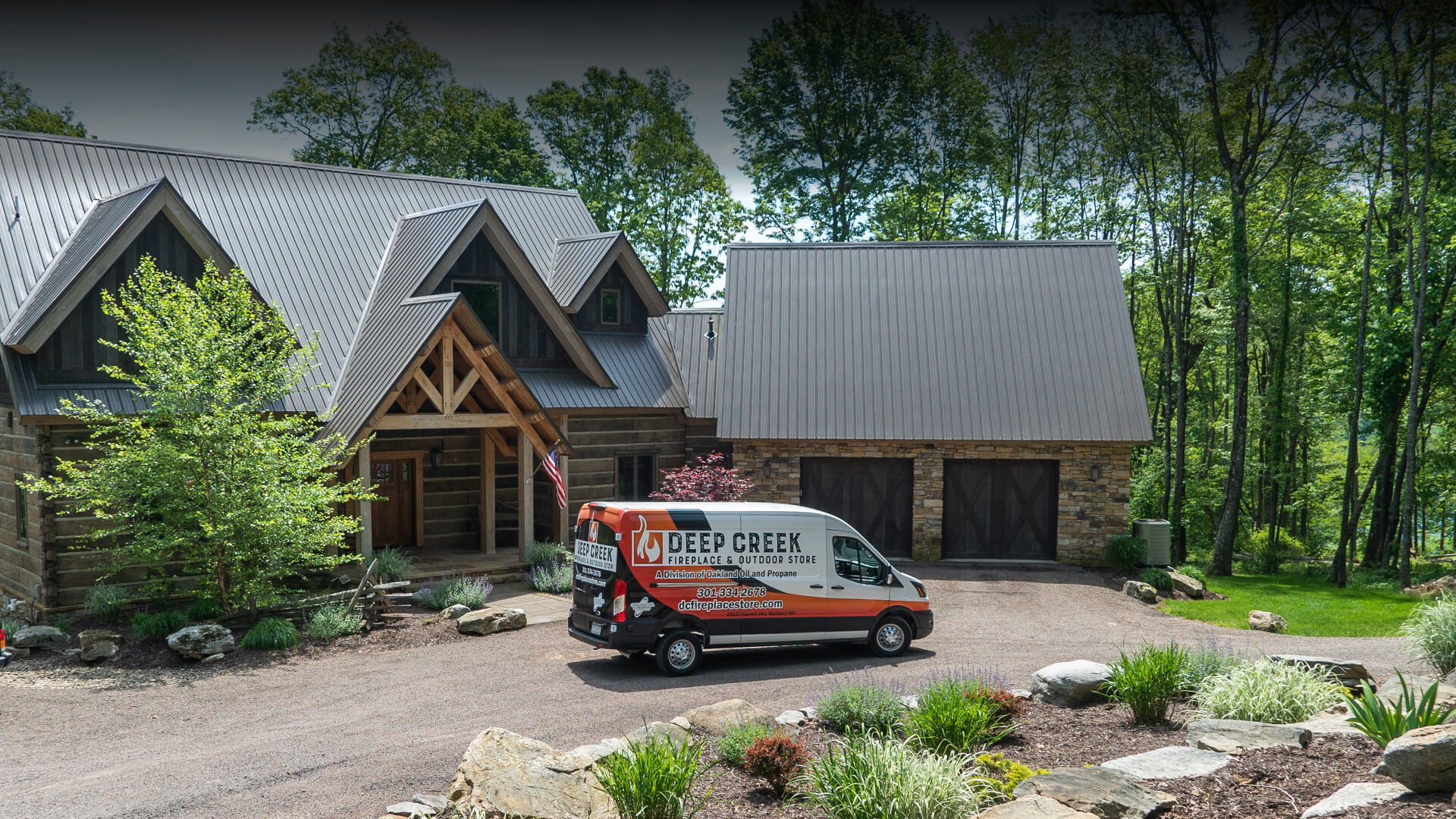 Deep Creek Fireplace and Outdoor Store Van Parked in front of a home.